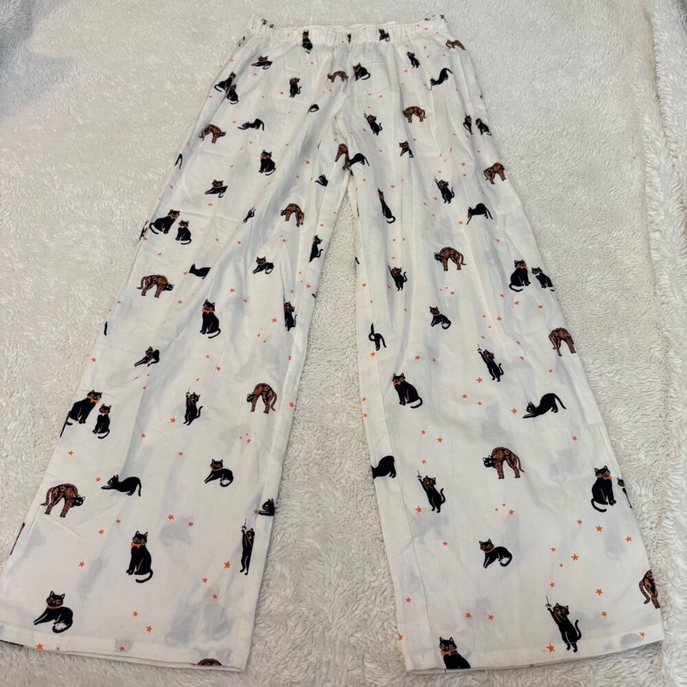 Halloween Blk Cat PJ Pants S Spooky Emo Grunge Holiday Cotton Loungewear Casual - Picture 2 of 6